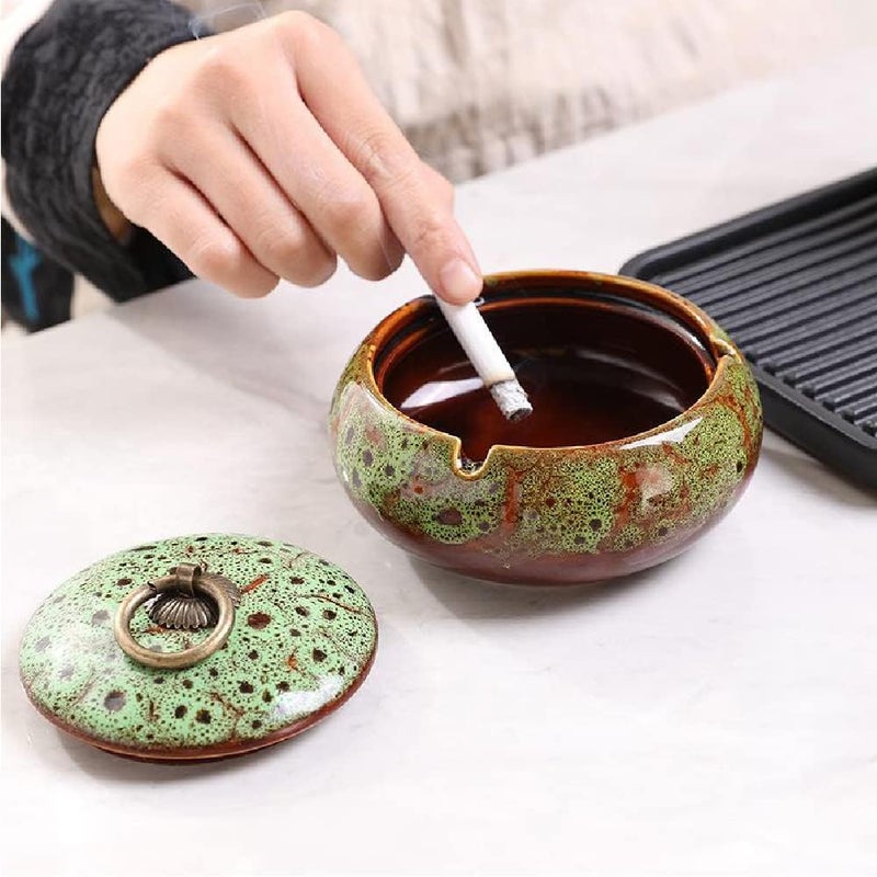 AZOFIA Handmade Ceramic Ashtray with Lids, Exquisite Pattern Ash Holder for Patio Desktop Office Smokers, Ash Tray for Indoor Tabletop Home Office Decor (Mix Green, M-Size) - Image 3